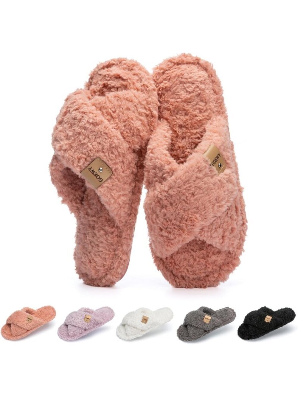 Women's Pink Cozy Cross Band Indoor and Outdoor Fuzzy Open Toe Fit Slipper Shoes
